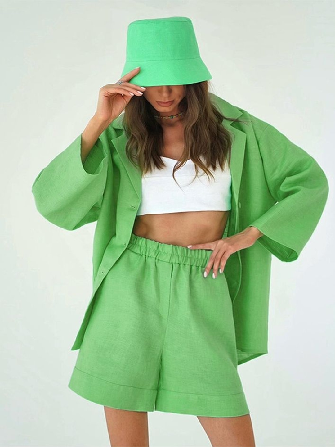 

LULU & SKY Notched Lapel Collar Pure Cotton Shirt With Shorts, Green