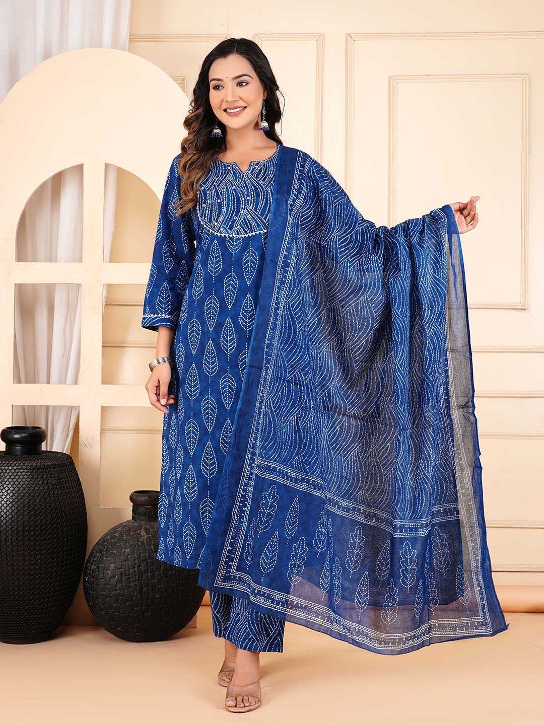 

FABISTA Floral Printed Sequinned Pure Cotton Straight Kurta With Trousers & Dupatta, Blue