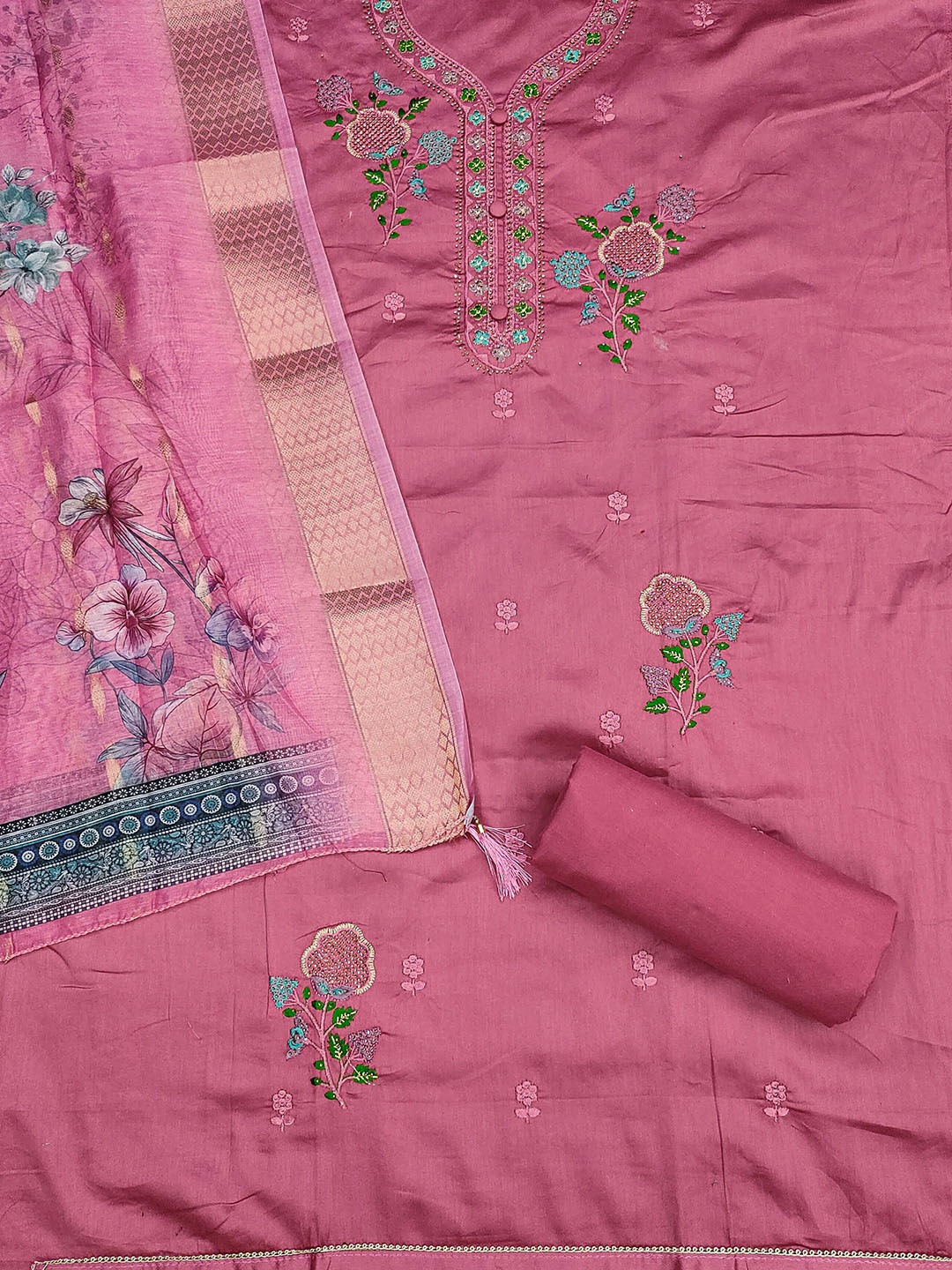 

MANVAA Floral Embroidered Beads and Stones Cotton Unstitched Dress Material, Pink
