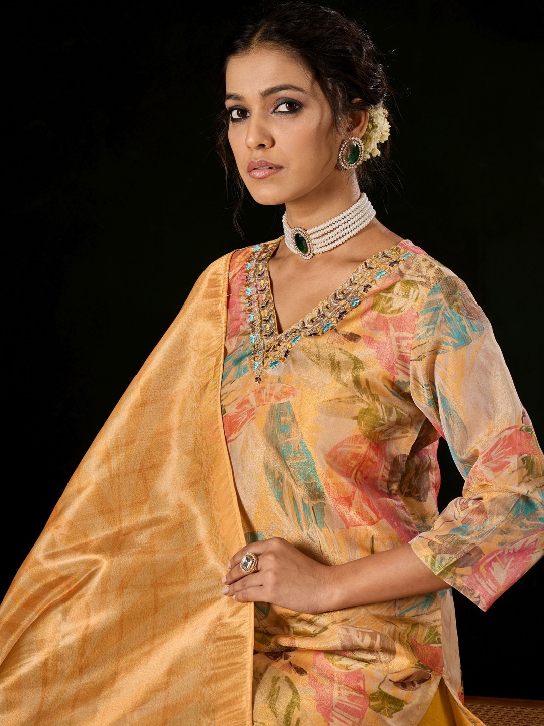 

Anouk Yellow Floral Printed V-Neck Thread Work Straight Kurta With Trousers & Dupatta