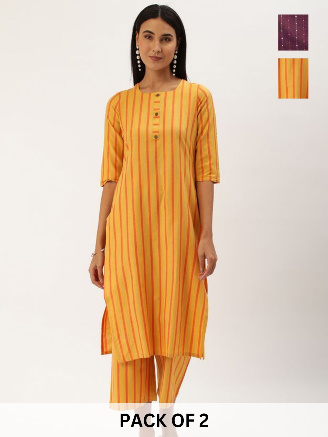 

KALINI Selection Of 2 Striped Self Design Mandarin Collar Straight Kurta With Trouser, Yellow