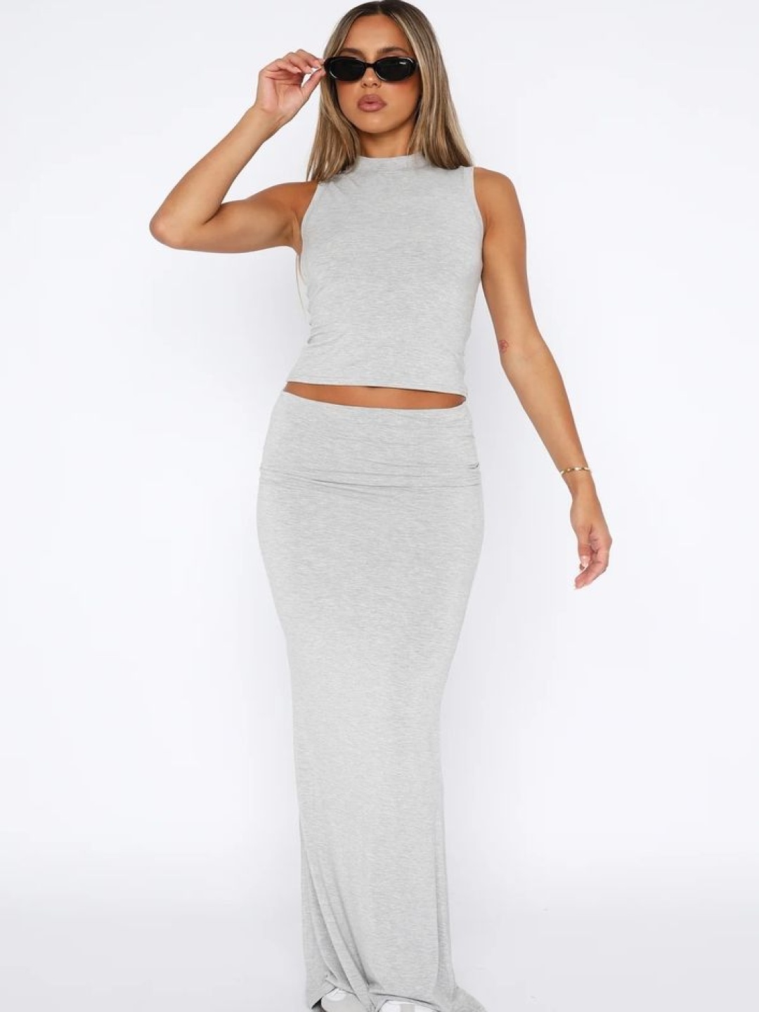 

LULU & SKY Round Neck Fitted Tank Top With Maxi Skirt, Grey
