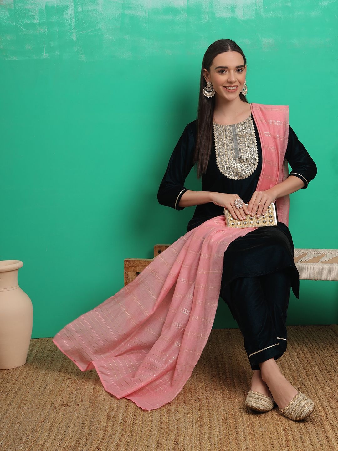 

Sangria Embellished Yoke Straight Kurta Trouser With Dupatta, Teal