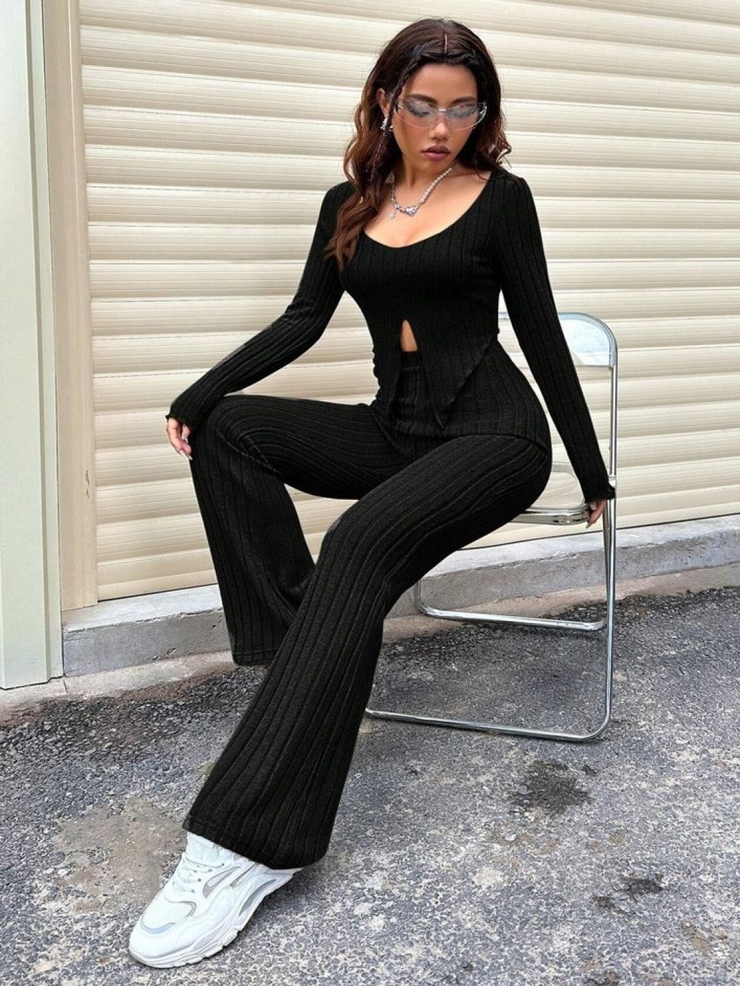 

LULU & SKY Striped Round Neck Long Sleeves Knitted Front Slit Top With Flared Trousers, Black