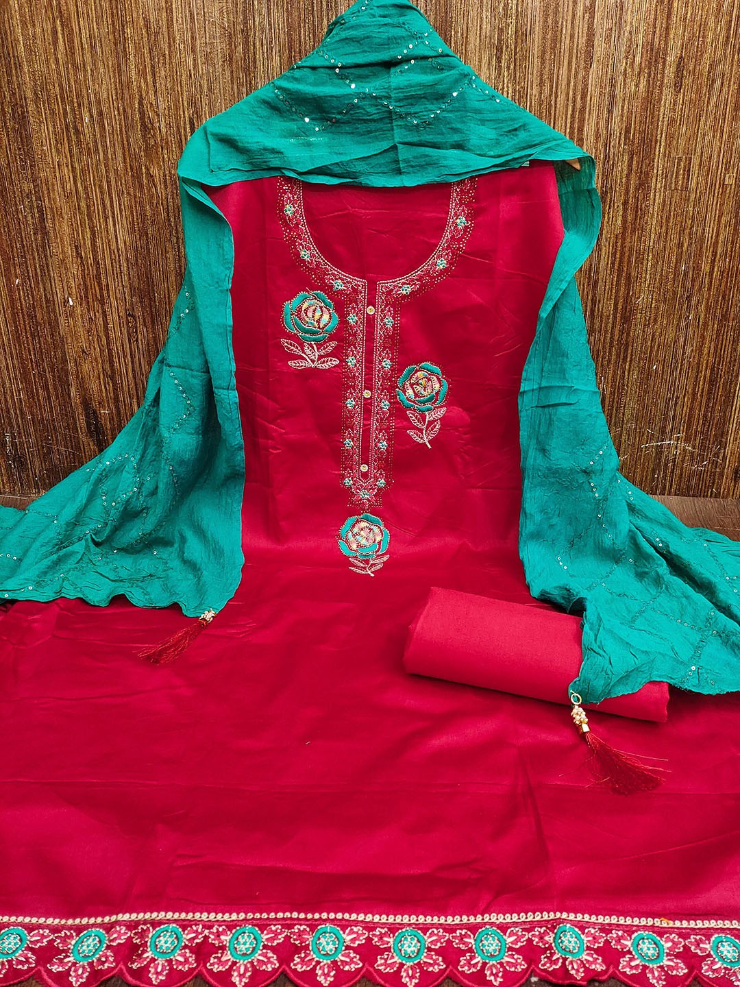 

MANVAA Floral Embroidered Unstitched Dress Material, Red