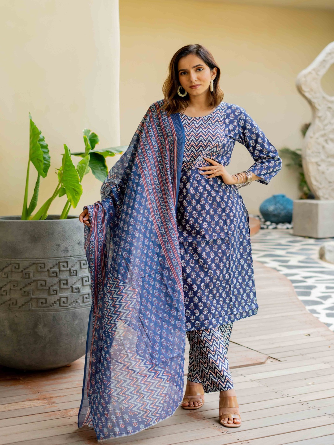 

KALINI Floral Printed Round Neck Mirror Work Pure Cotton Kurta With Trousers & Dupatta, Navy blue