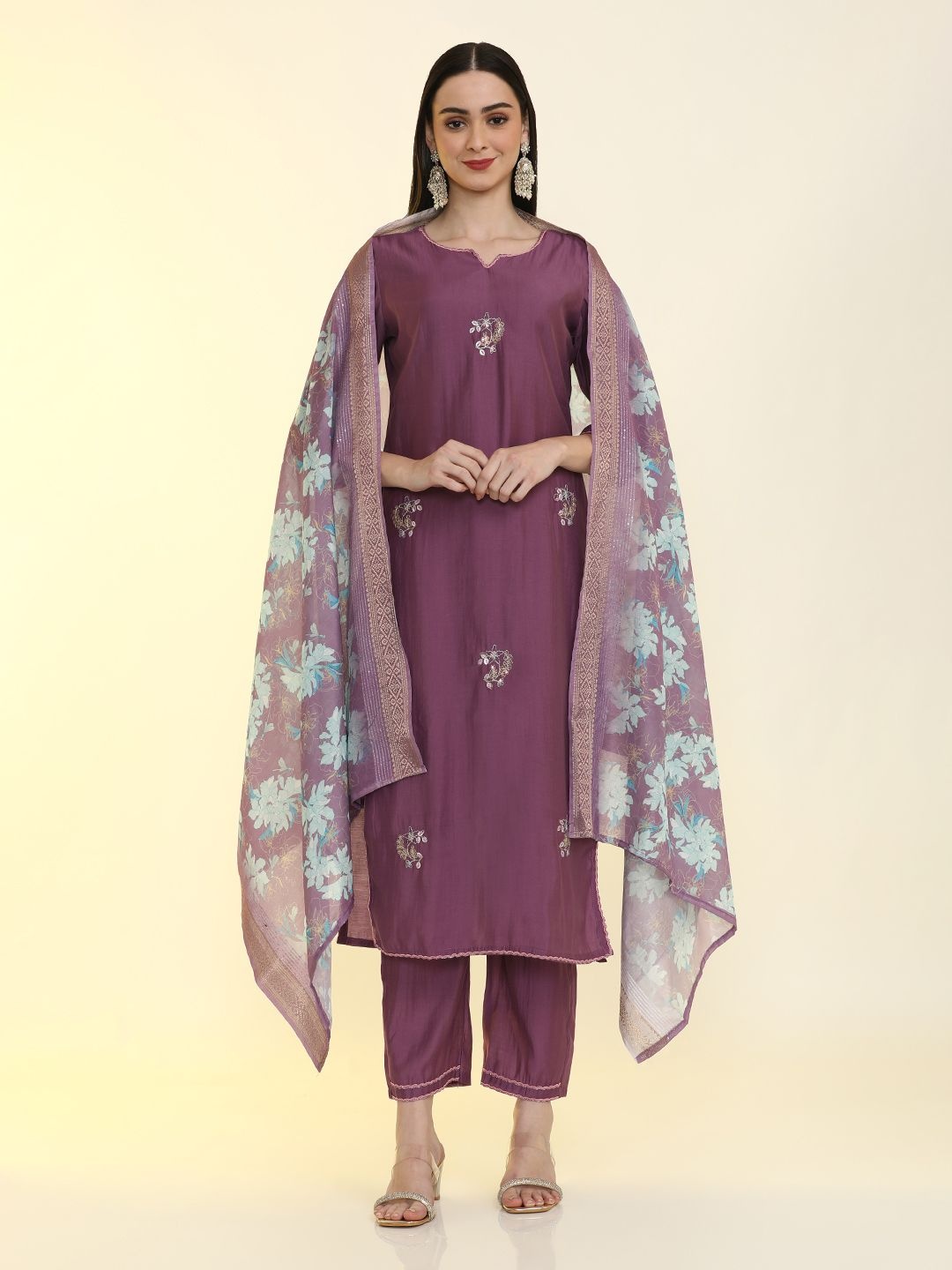 

Jaipur Kurti Floral Embroidered Beads and Stones Kurta with Trousers & Dupatta, Purple