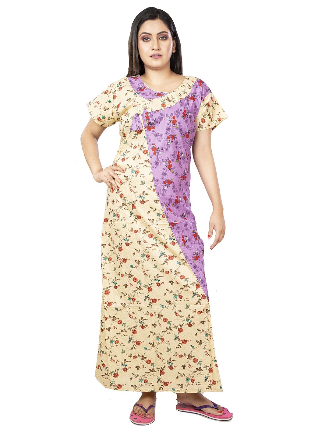 

Laa Calcutta Women Floral Printed Pure Cotton Maxi Nightdress, Cream