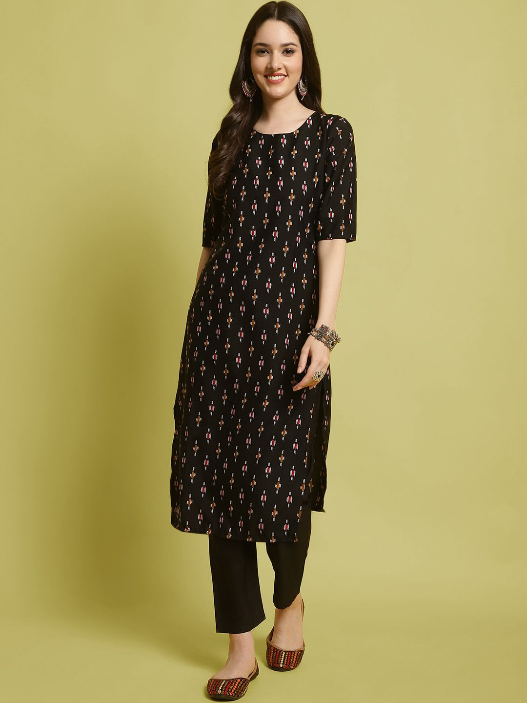 

7Threads Ethnic Motifs Printed Round Neck Straight Kurta with Trousers, Black