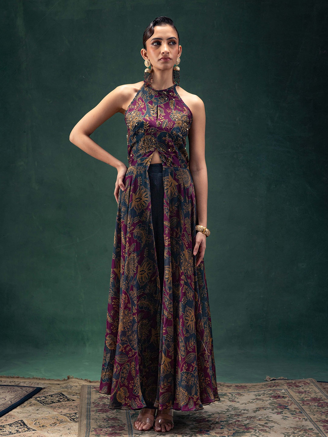 

Label Naariti Printed Halter Neck Top & Palazzos, Purple