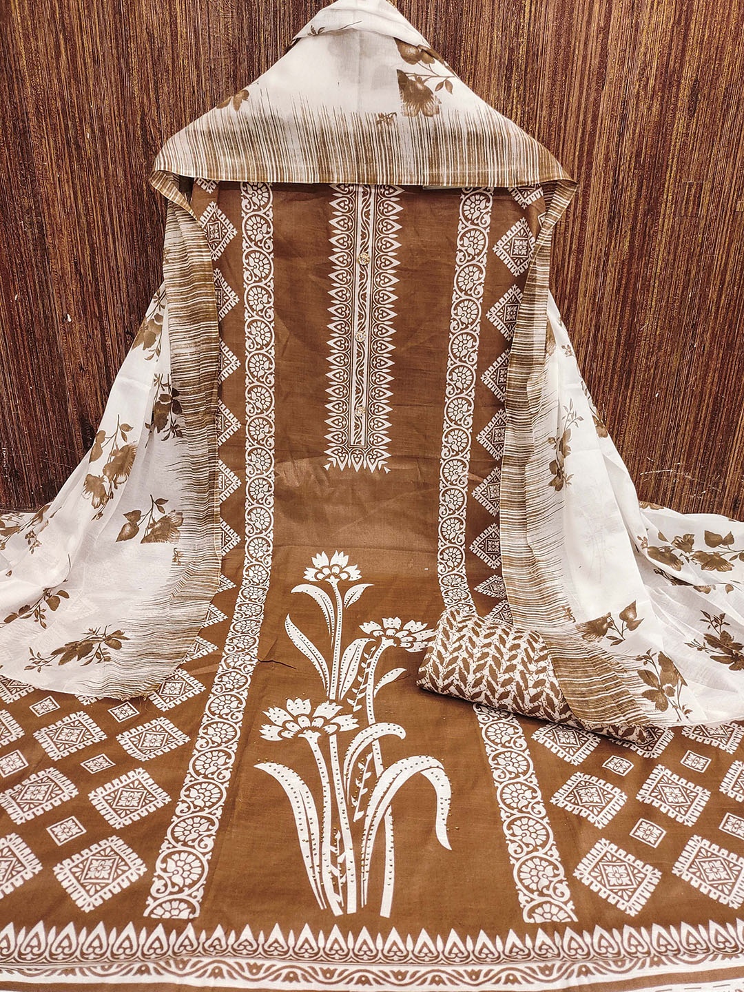 

MANVAA Floral Printed Beads and Stones Cotton Unstitched Dress Material, Beige