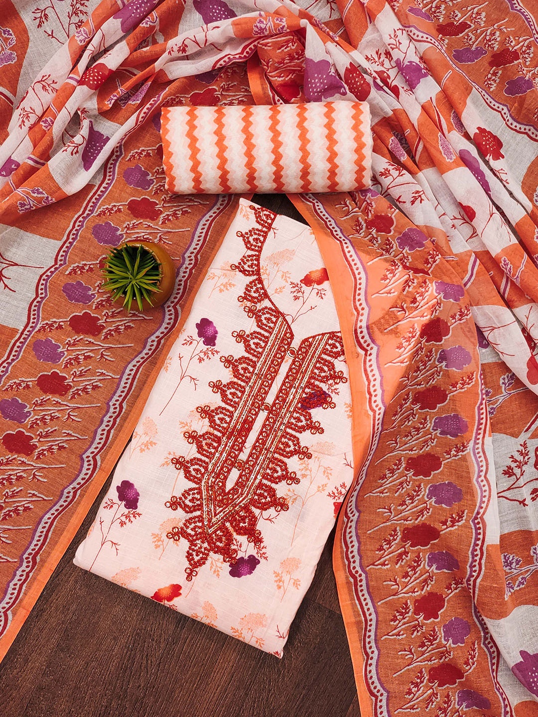 

MANVAA Floral Printed Thread Work Unstitched Dress Material, Orange