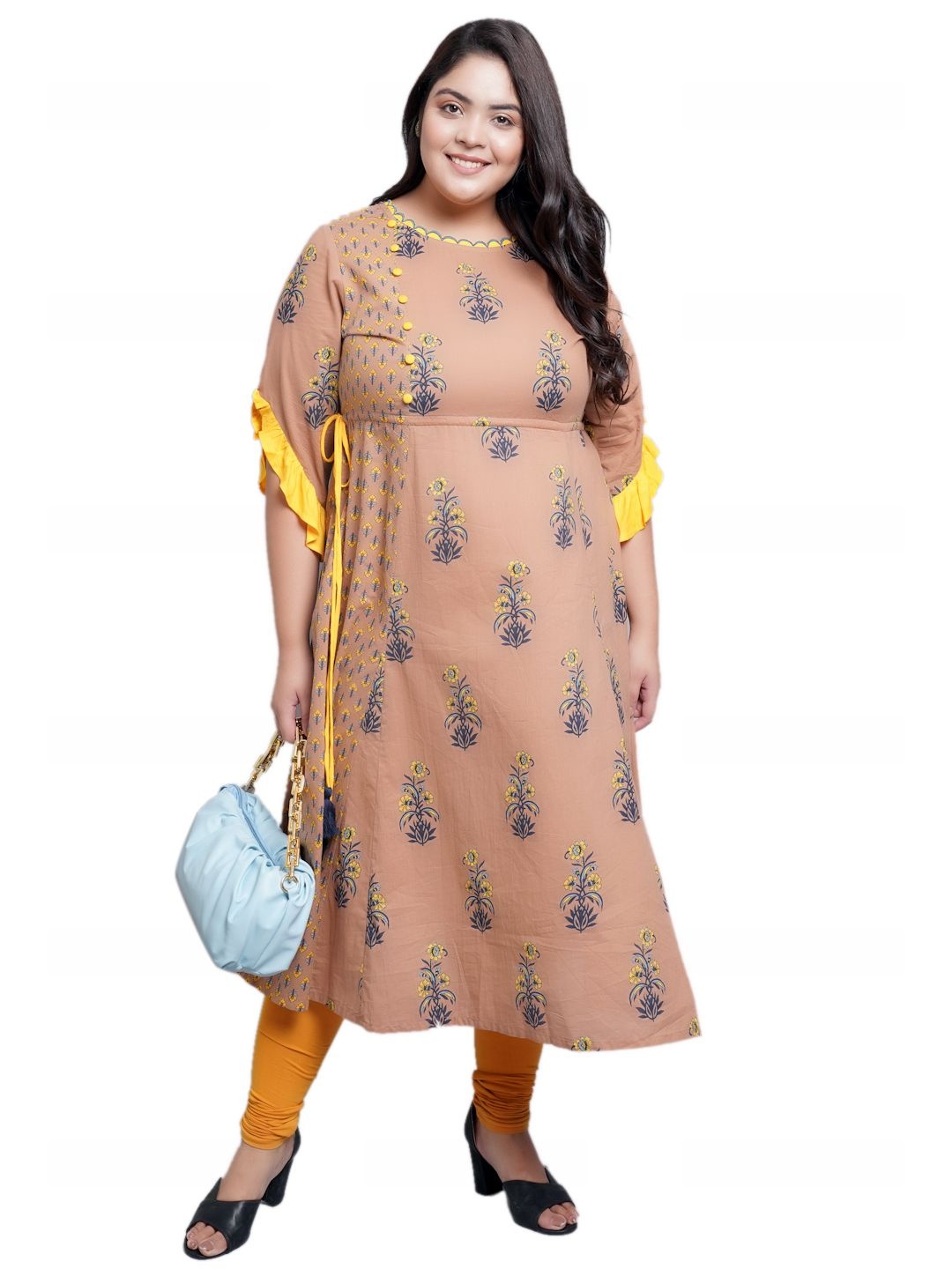 

KALINI Plus Size Floral Printed Boat Neck A-Line Cotton Kurta, Beige