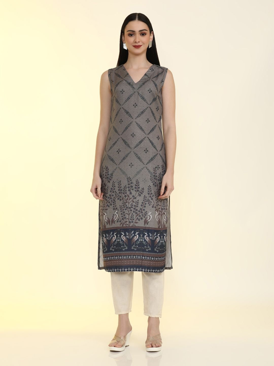

Jaipur Kurti Floral Printed Straight Kurta, Grey