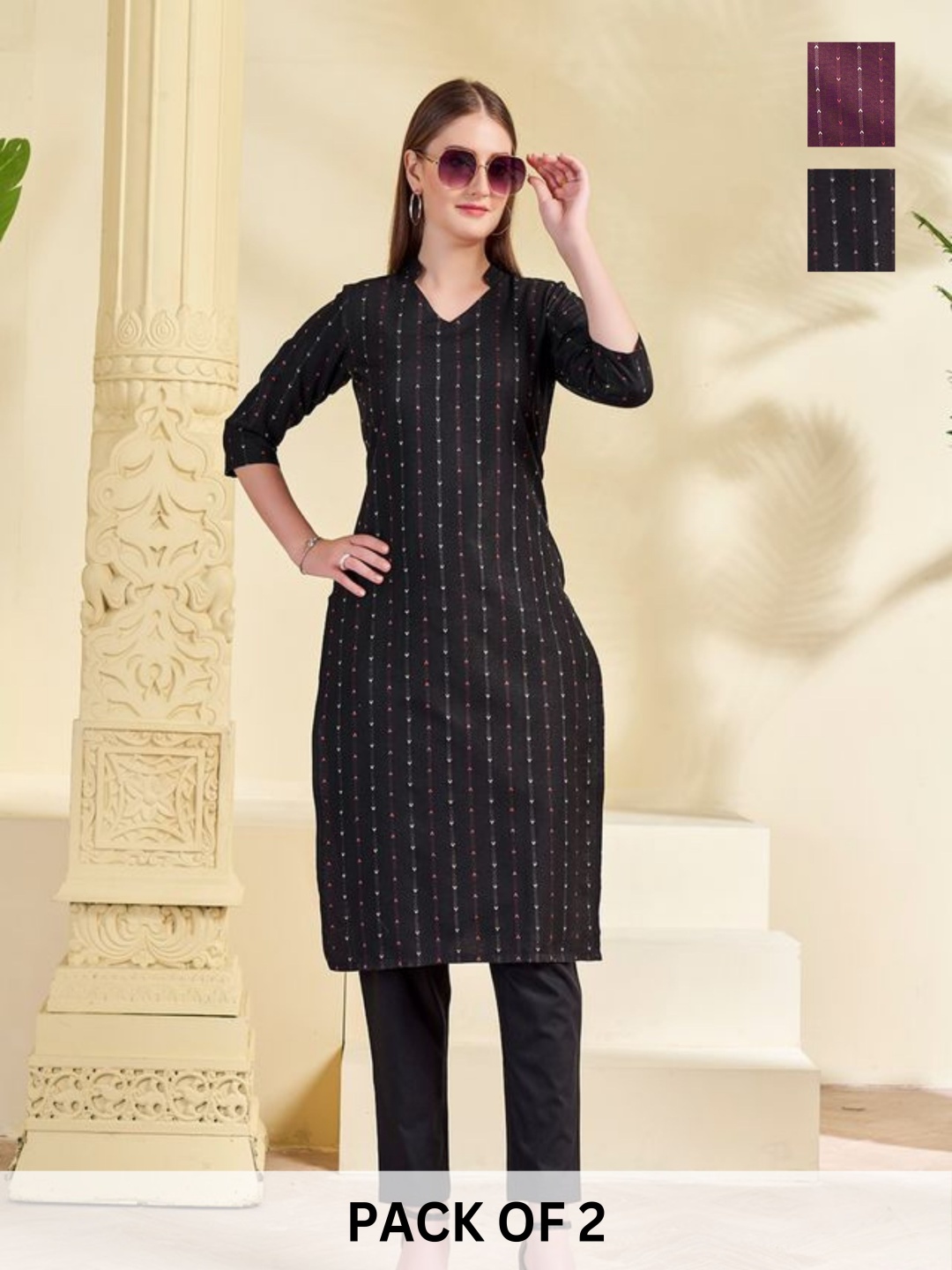 

KALINI Selection Of 2 Striped Self Design Mandarin Collar Straight Kurta With Trouser, Black