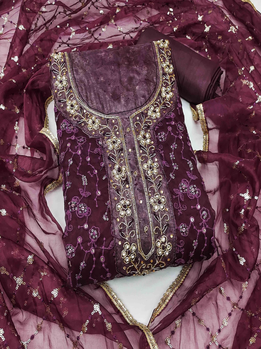 

KIMISHA Floral Embroidered Beads Work Organza Unstitched Dress Material, Burgundy
