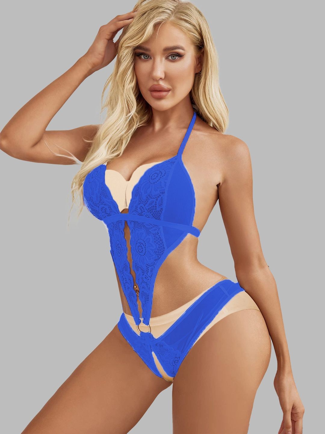 

VAGHBHATT Women Halter Neck Net Baby Doll, Blue