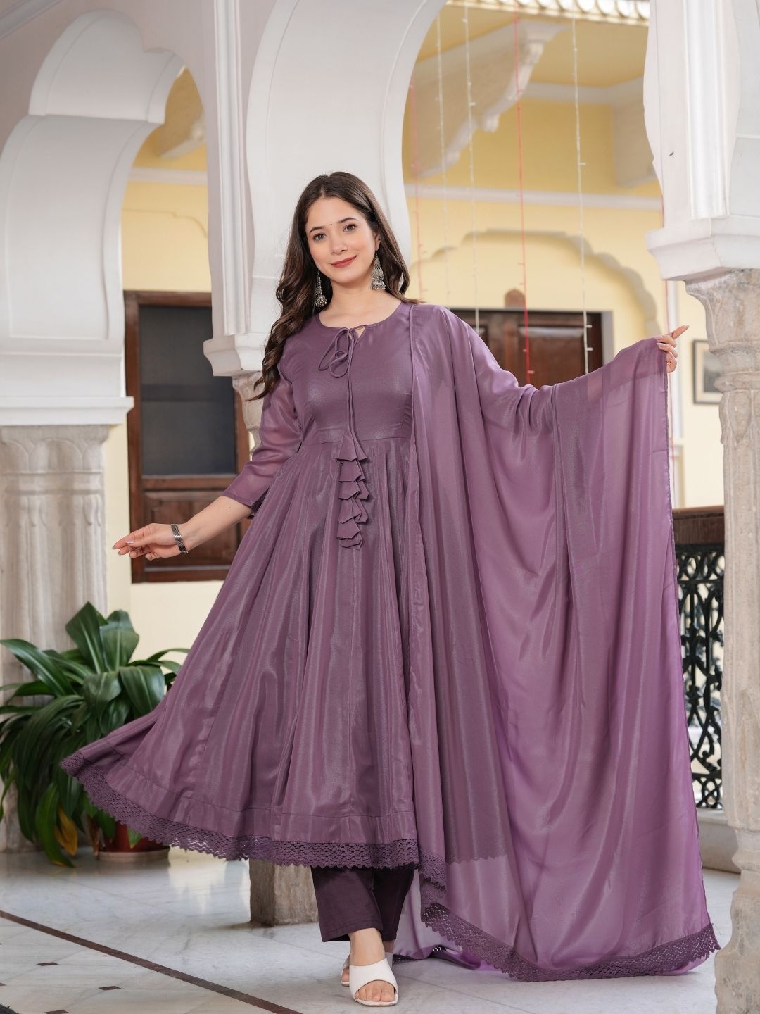 

Sitaram Designer Tie-Up Neck Anarkali Kurta with Trousers & Dupatta, Purple