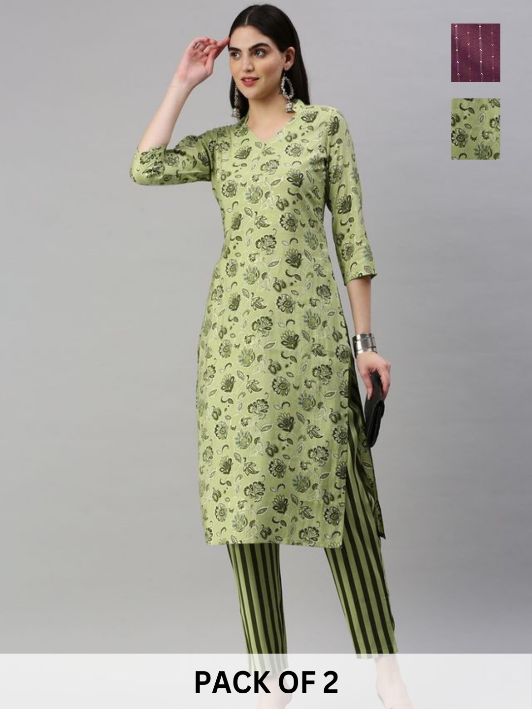 

KALINI Selection Of 2 Floral Printed Mandarin Collar Straight Kurta With Trouser, Green