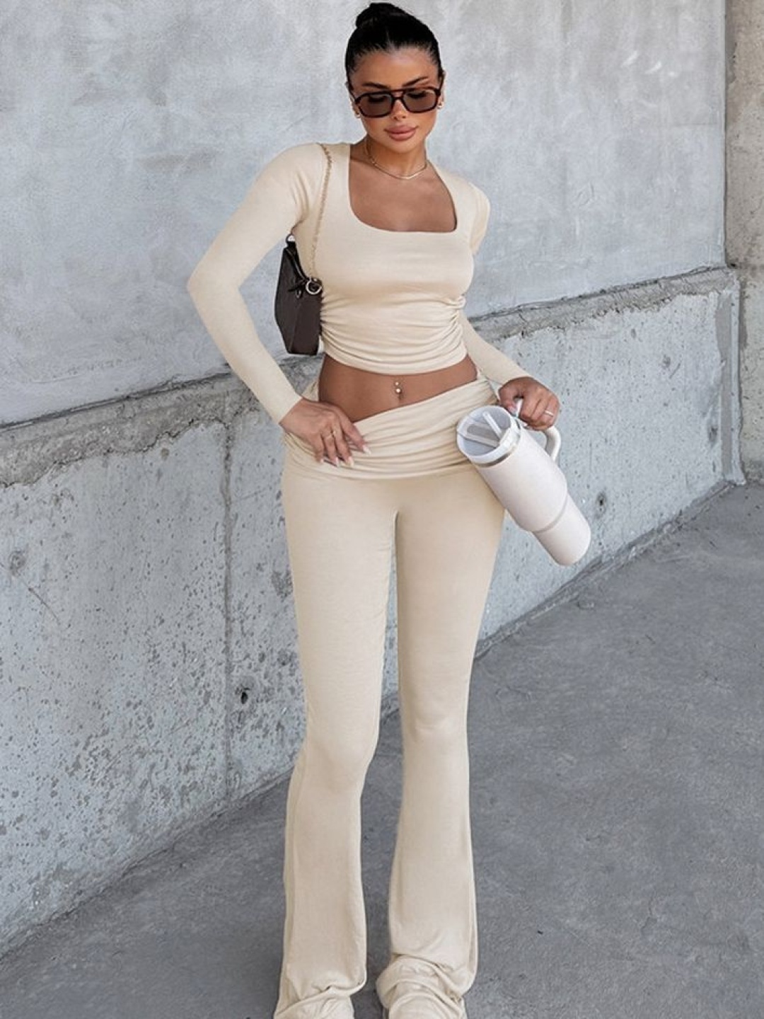 

LULU & SKY Square Neck Long Sleeves Crop Top With Trousers, Beige