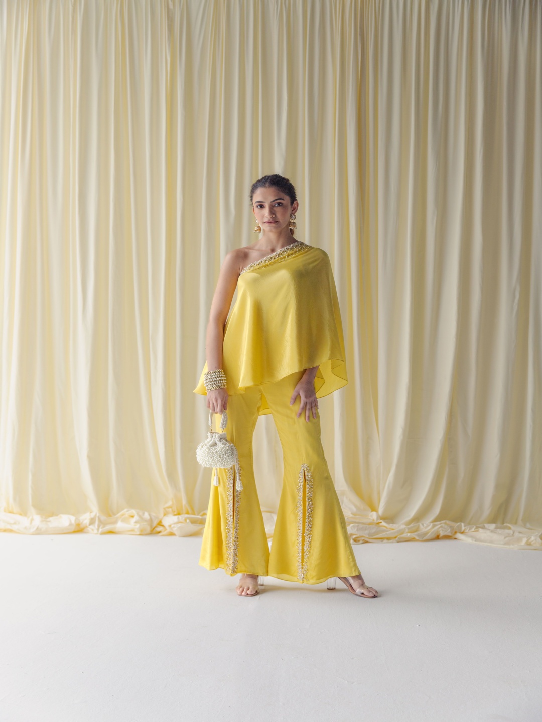

Label Naariti Embellished One Shoulder Long Sleeves Top With Trouser, Yellow