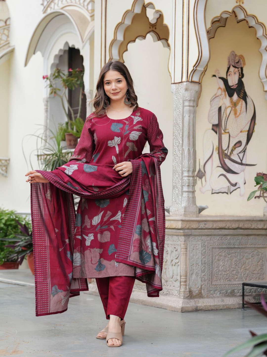 

Sitaram Designer Floral Printed Chanderi Silk Straight Kurta with Trousers & Dupatta, Maroon