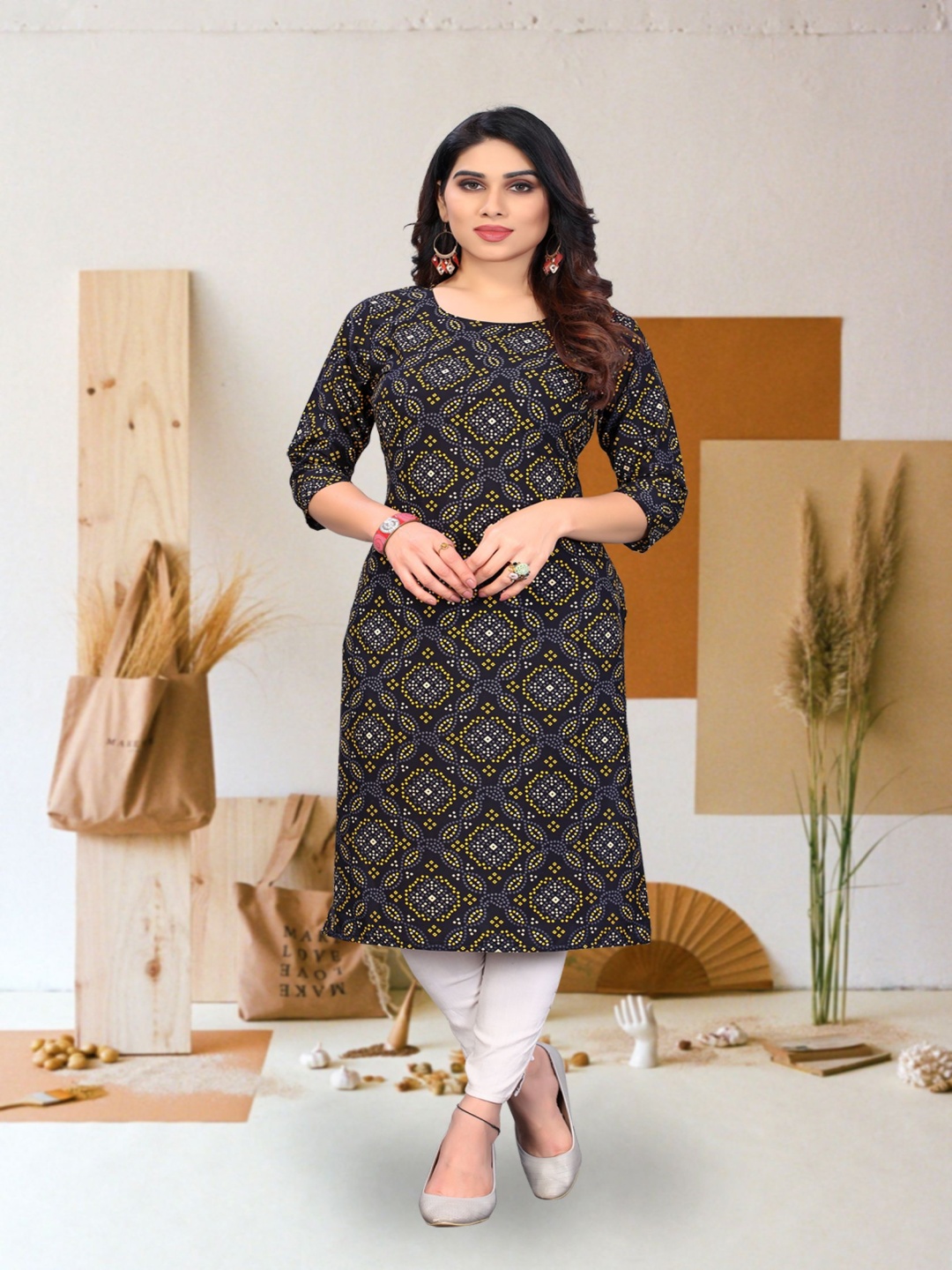 

KETAKI FASHION Ethnic Motifs Printed Round Neck Straight Kurta, Navy blue