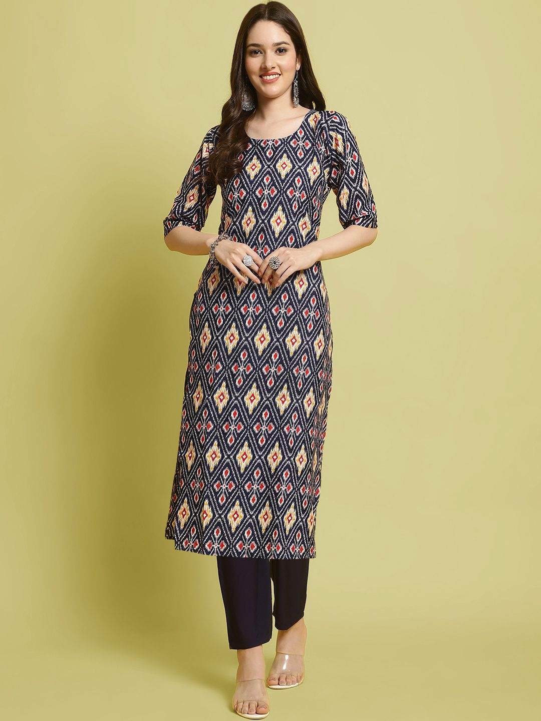 

7Threads Geometric Printed Round Neck Straight Kurta with Trousers, Navy blue