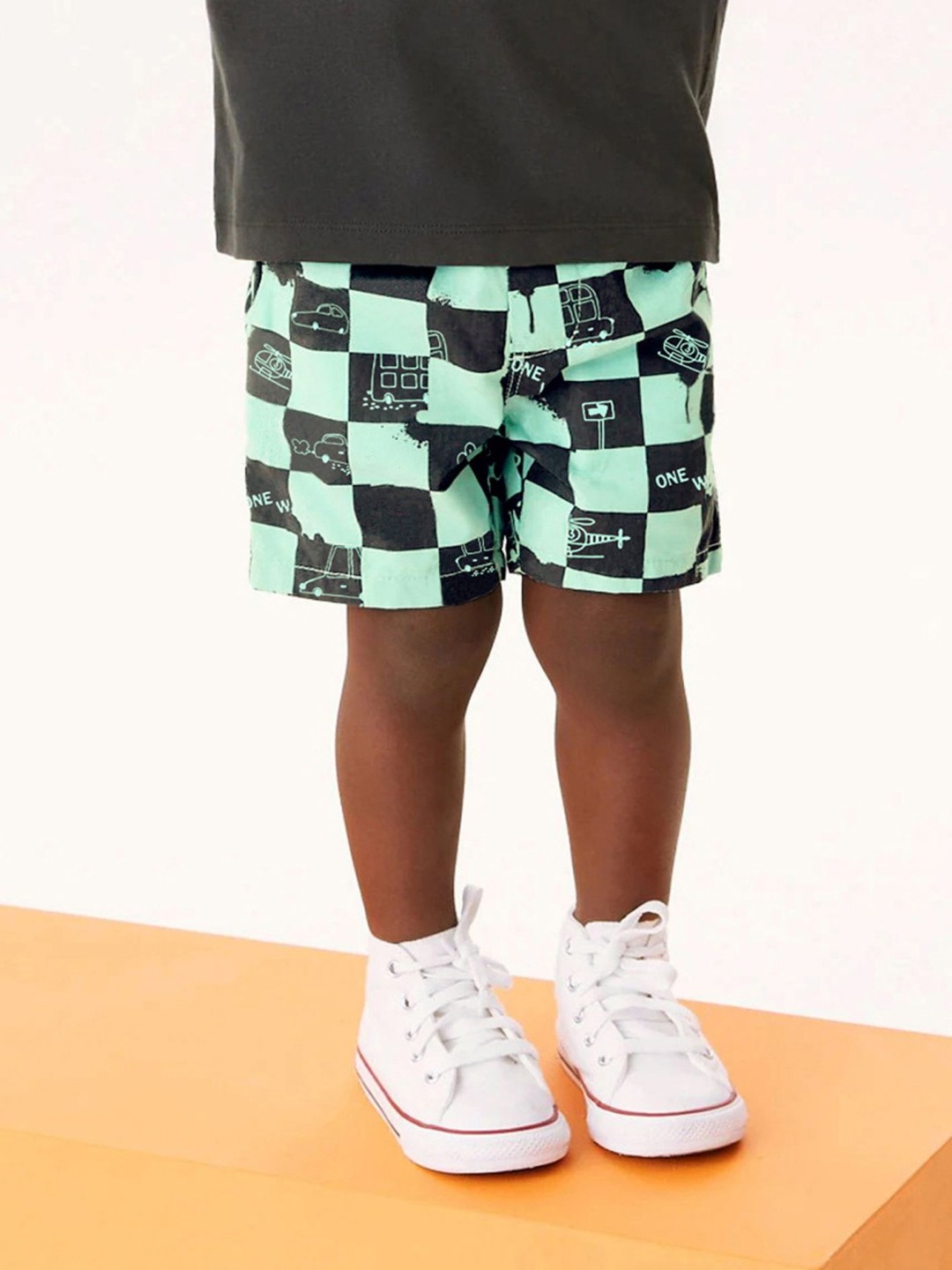 

LULU & SKY Boys Checkerboard Printed High-Rise Pure Cotton Shorts, Green