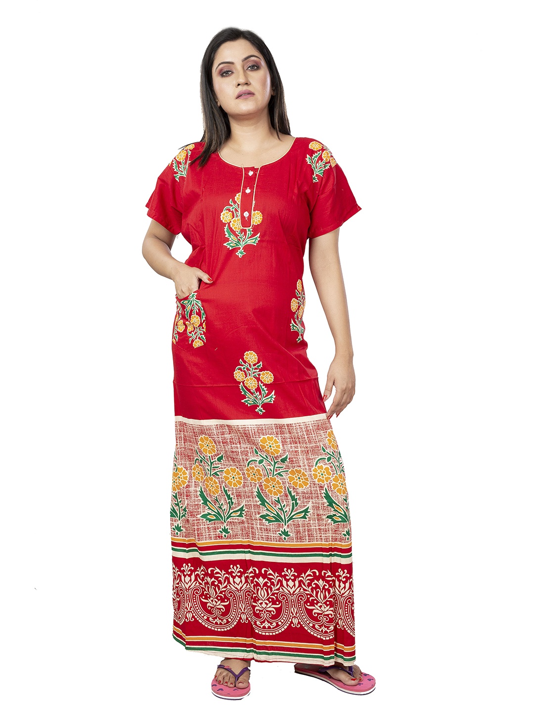 

Laa Calcutta Women Floral Printed Pure Cotton Maxi Nightdress, Red