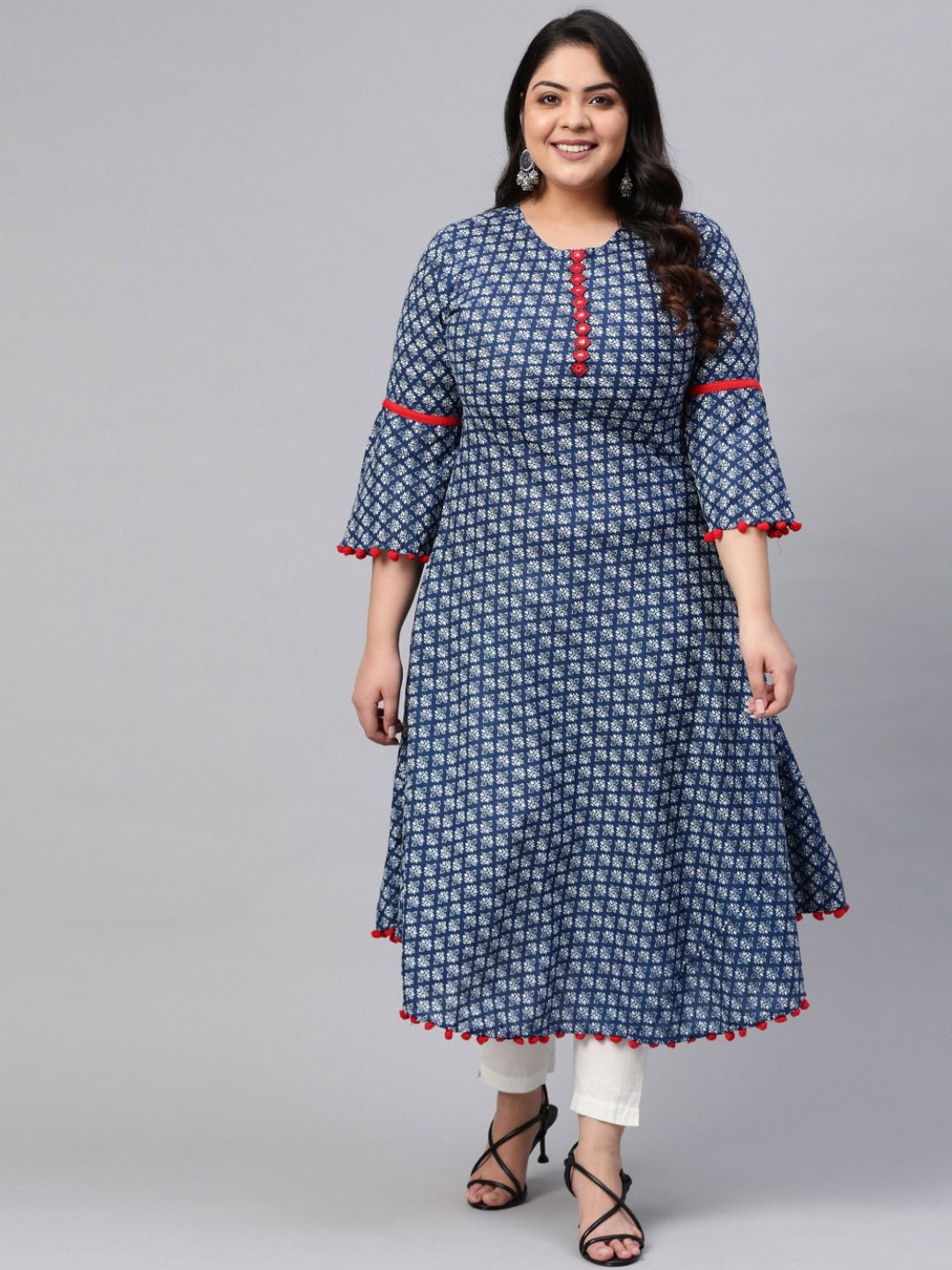 

KALINI Plus Size Geometric Printed Round Neck Mirror Work A-Line Cotton Kurta, Blue
