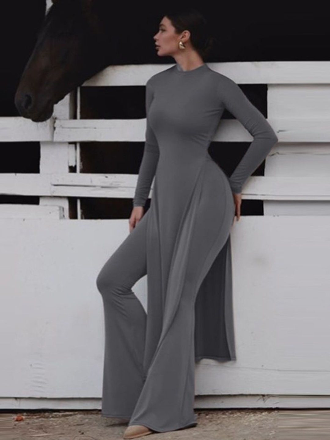

LULU & SKY Round Neck Long Sleeves Top With Trousers, Grey