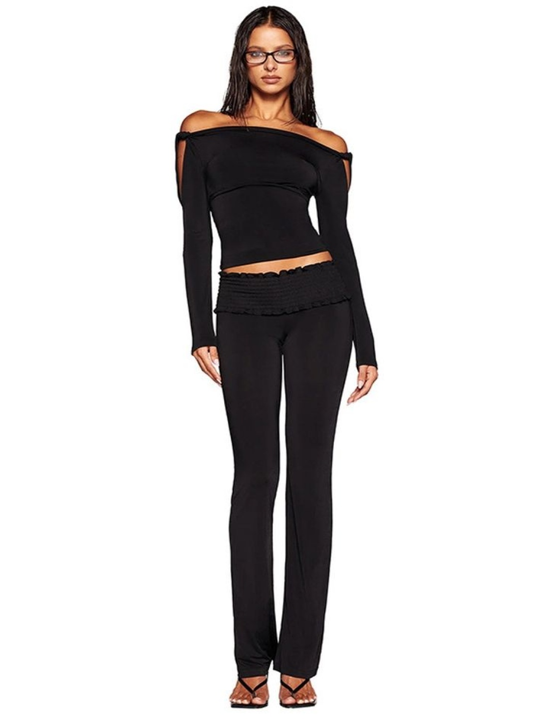

LULU & SKY Off-Shoulder Top & Flared Trouser, Black