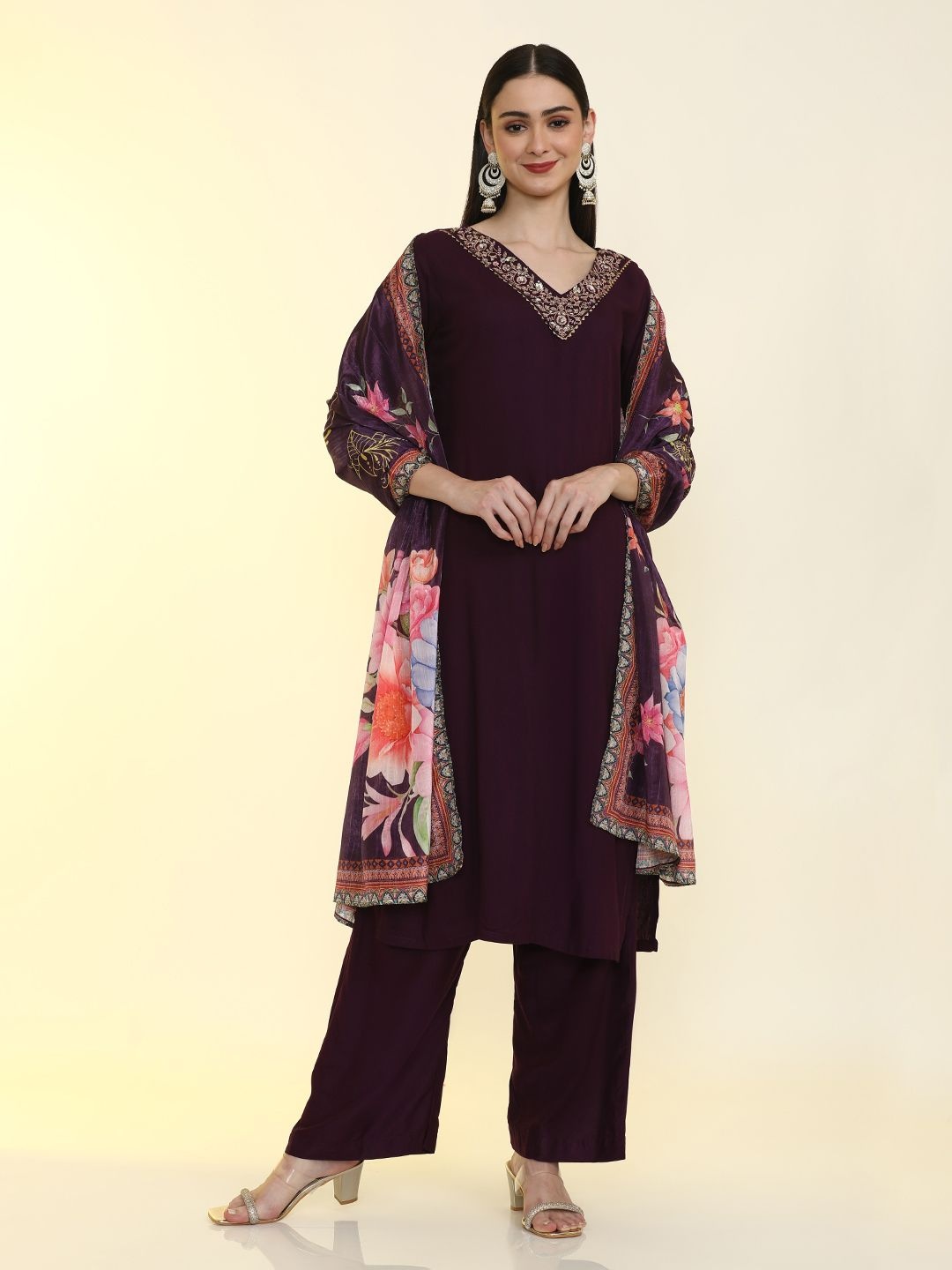 

Jaipur Kurti Embroidered Kurta with Palazzos & With Dupatta, Maroon