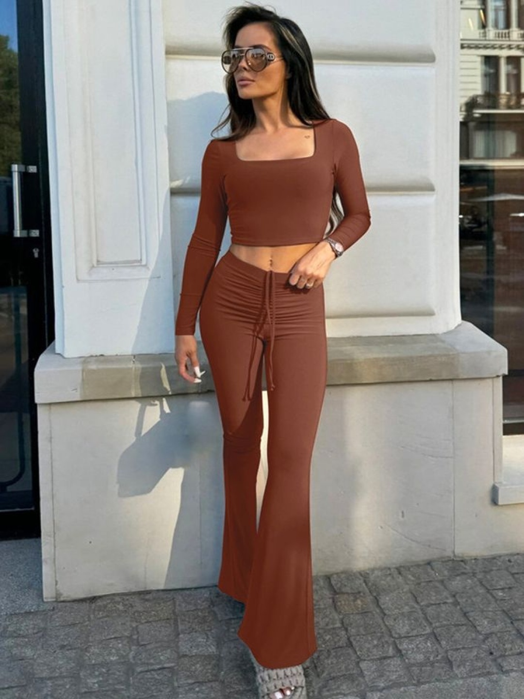 

LULU & SKY Square Neck Top With Trousers, Brown