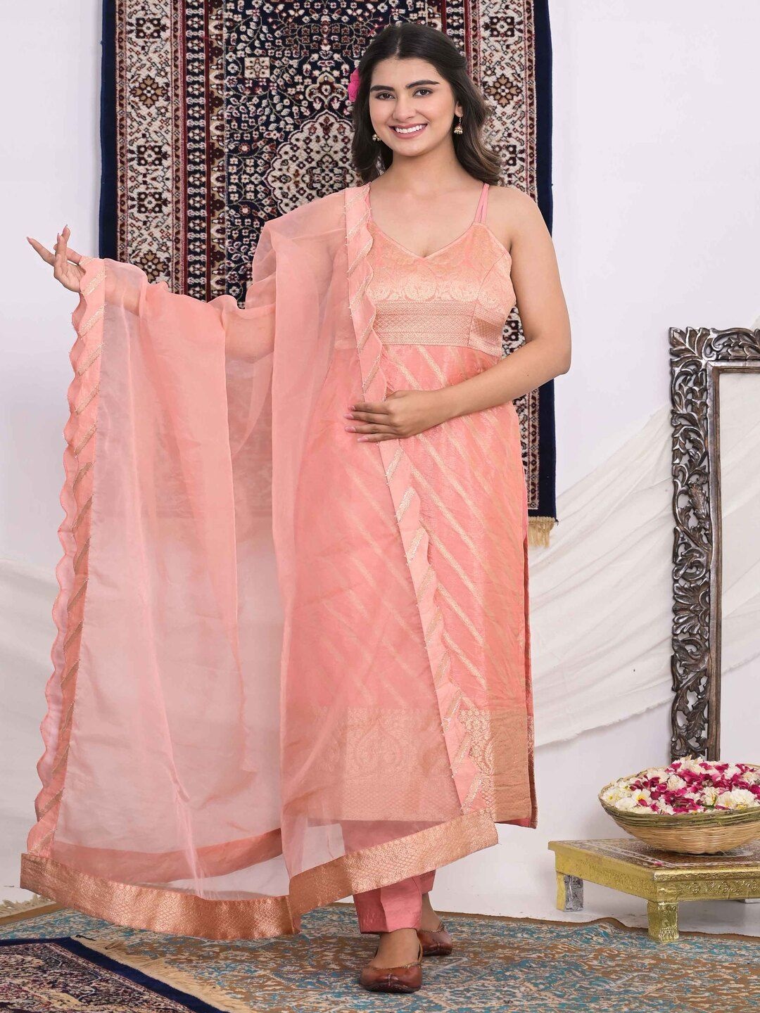 

MAHUKAA Shoulder Straps Kurta with Trouser & Dupatta, Peach