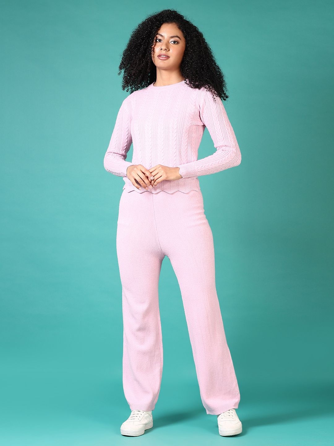 

V-Mart Self Design Round Neck Long Sleeves Top With Trouser, Pink