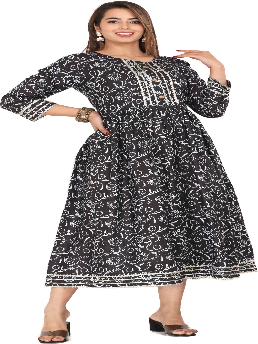 

NANAK FEB Printed Pure Cotton Fit & Flared Maxi Ethnic Dresses, Black
