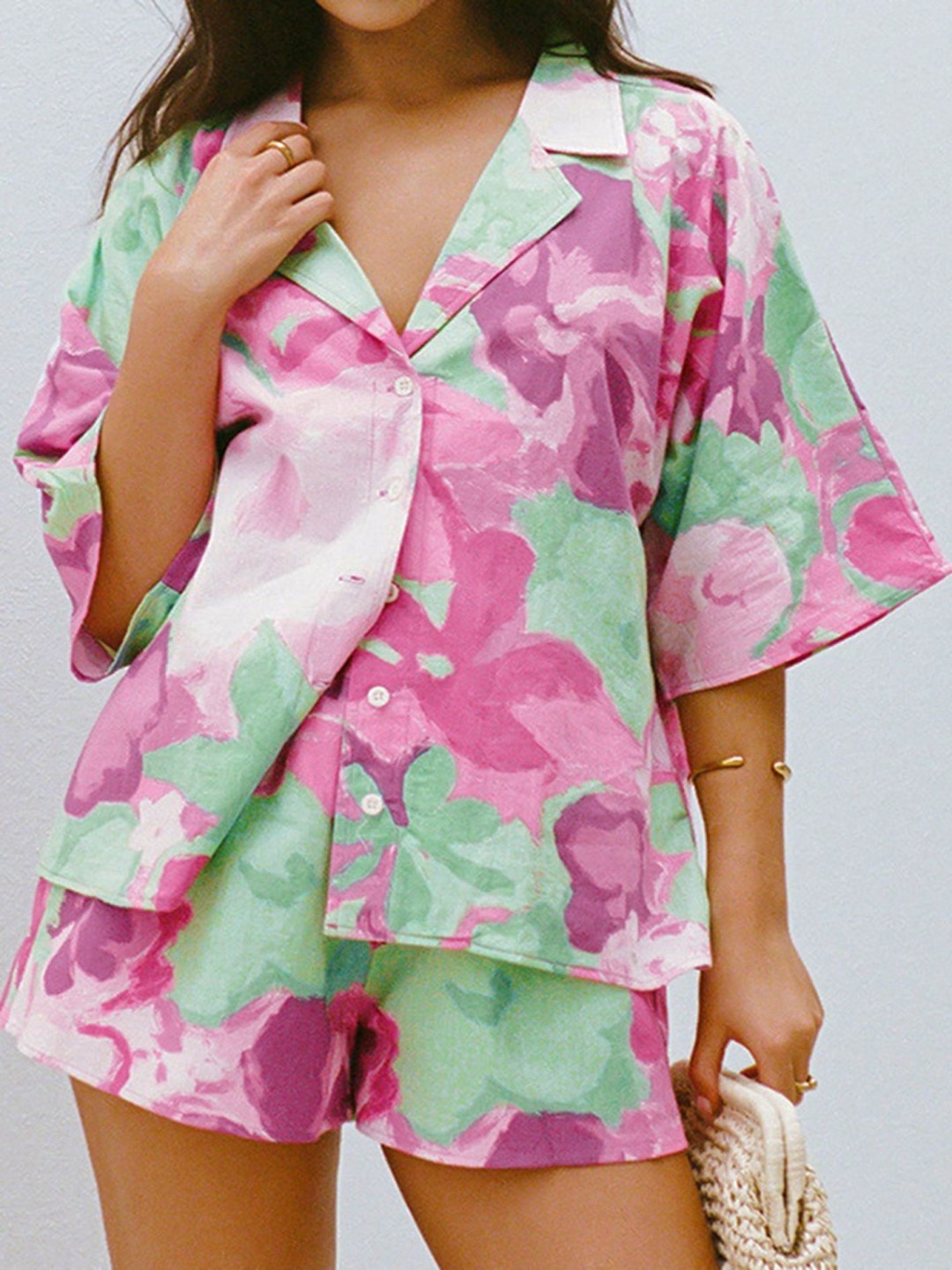 

LULU & SKY Printed Short Sleeves Shirt & Shorts, Pink