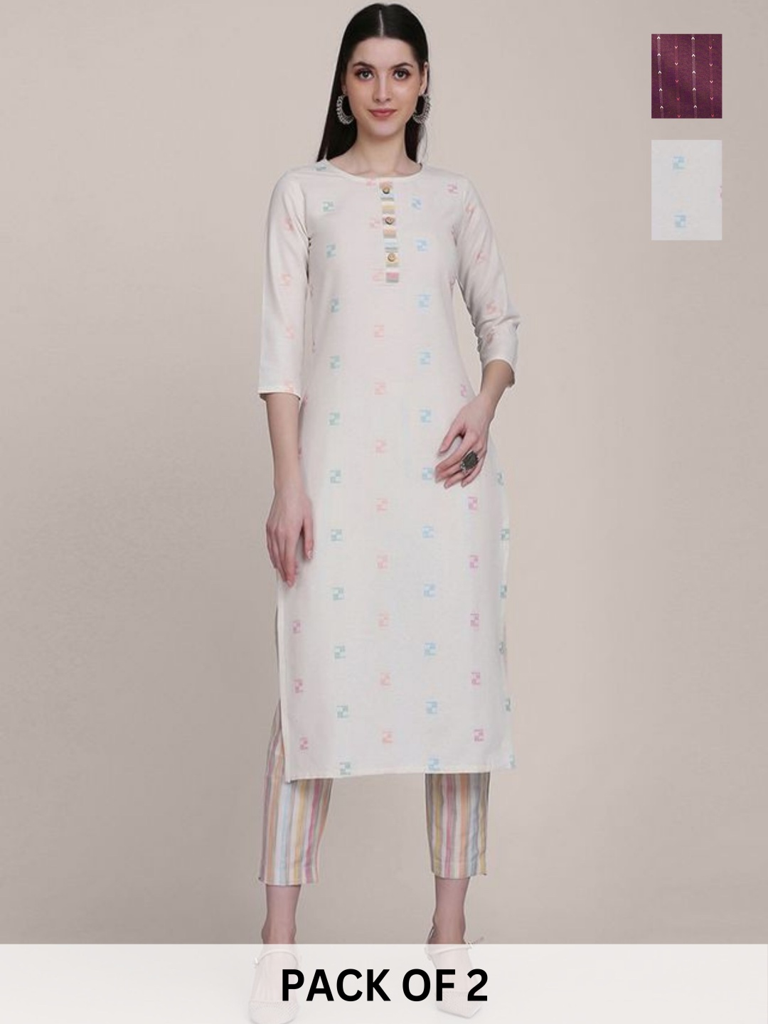 

KALINI Selections Of 2 Straight Kurta with Trousers, White