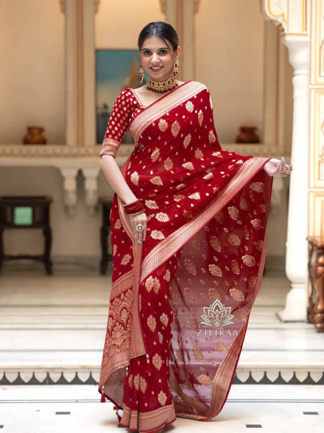 

revika Woven Design Zari Pure Silk Kanjeevaram Saree, Red