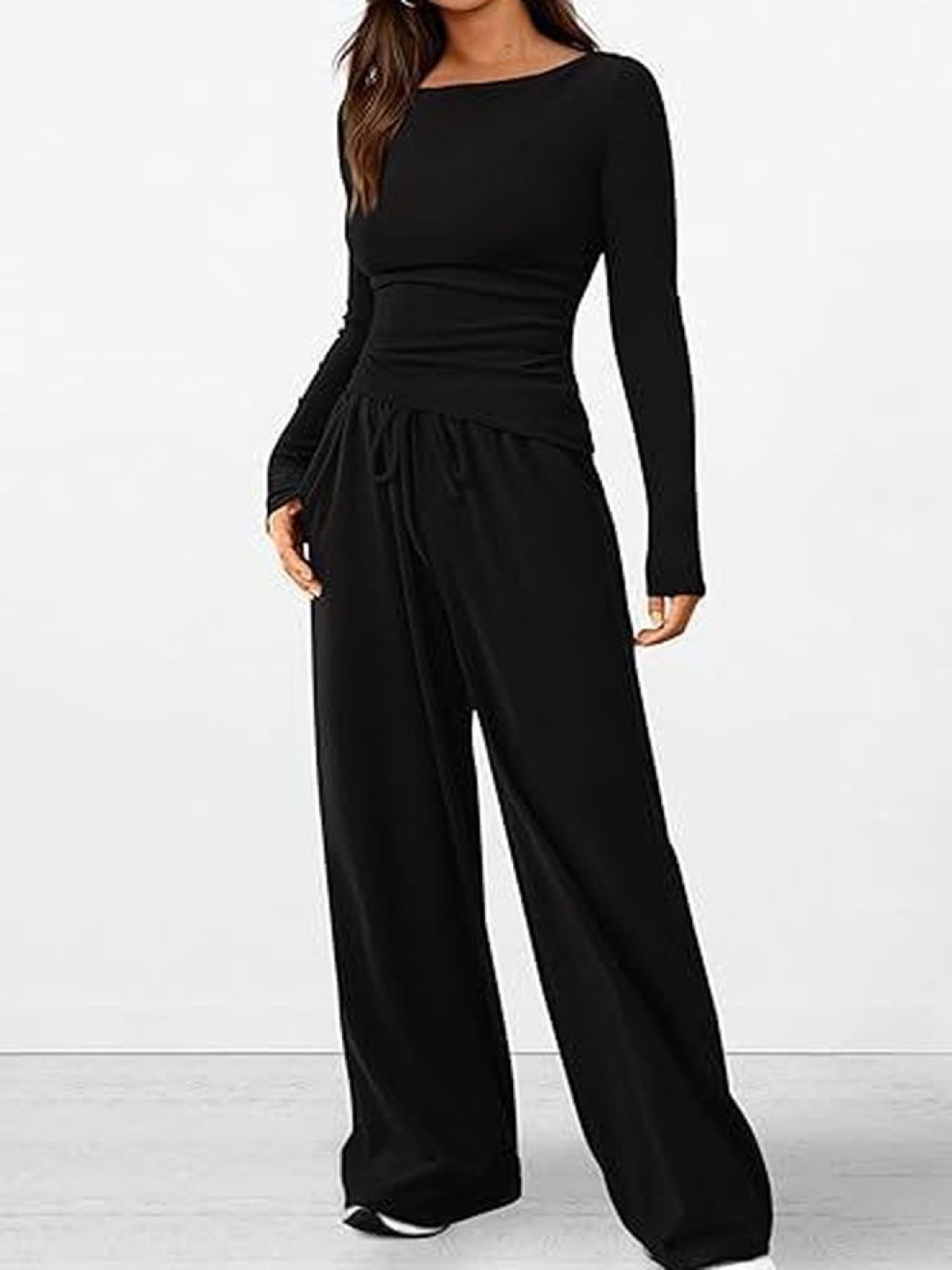 

LULU & SKY Round Neck Long Sleeves Fitted Top With Trousers, Black