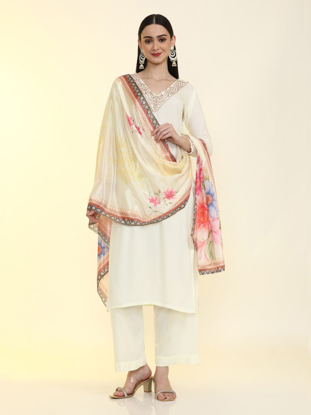 

Jaipur Kurti Yoke Design Kurta With Palazzos & Dupatta, White