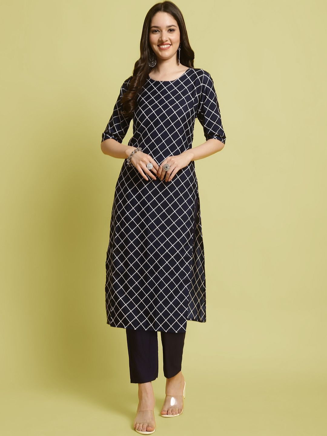 

7Threads Checked Round Neck Straight Kurta With Trouser, Blue