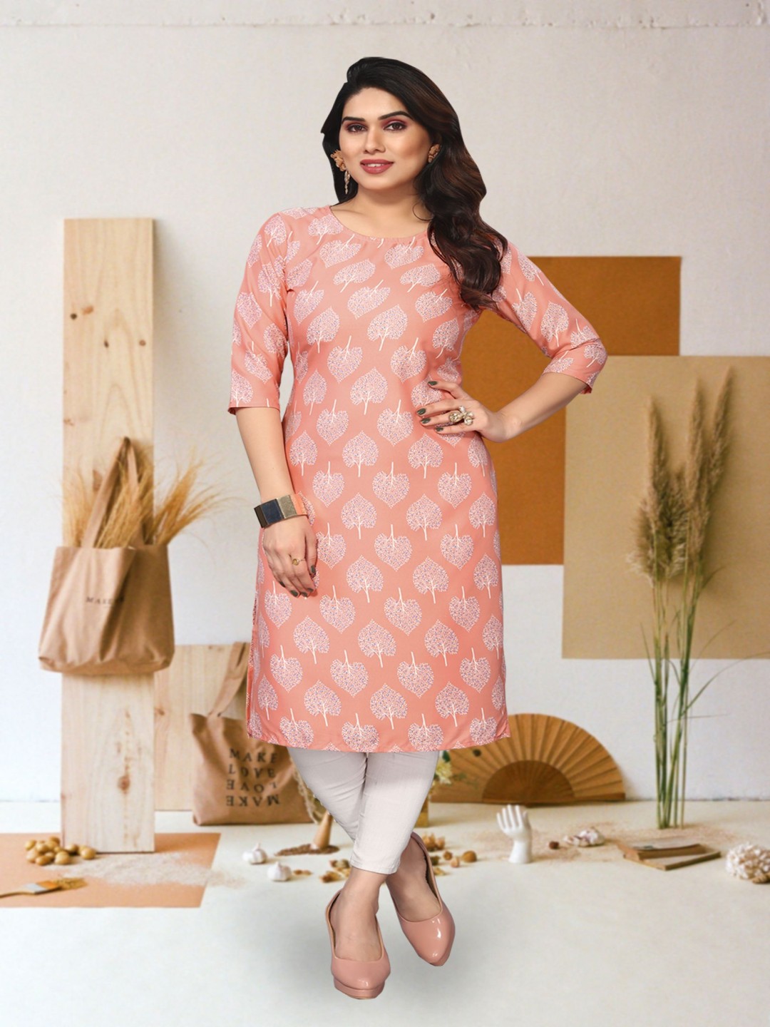 

KETAKI FASHION Ethnic Motifs Printed Round Neck Straight Kurta, Peach