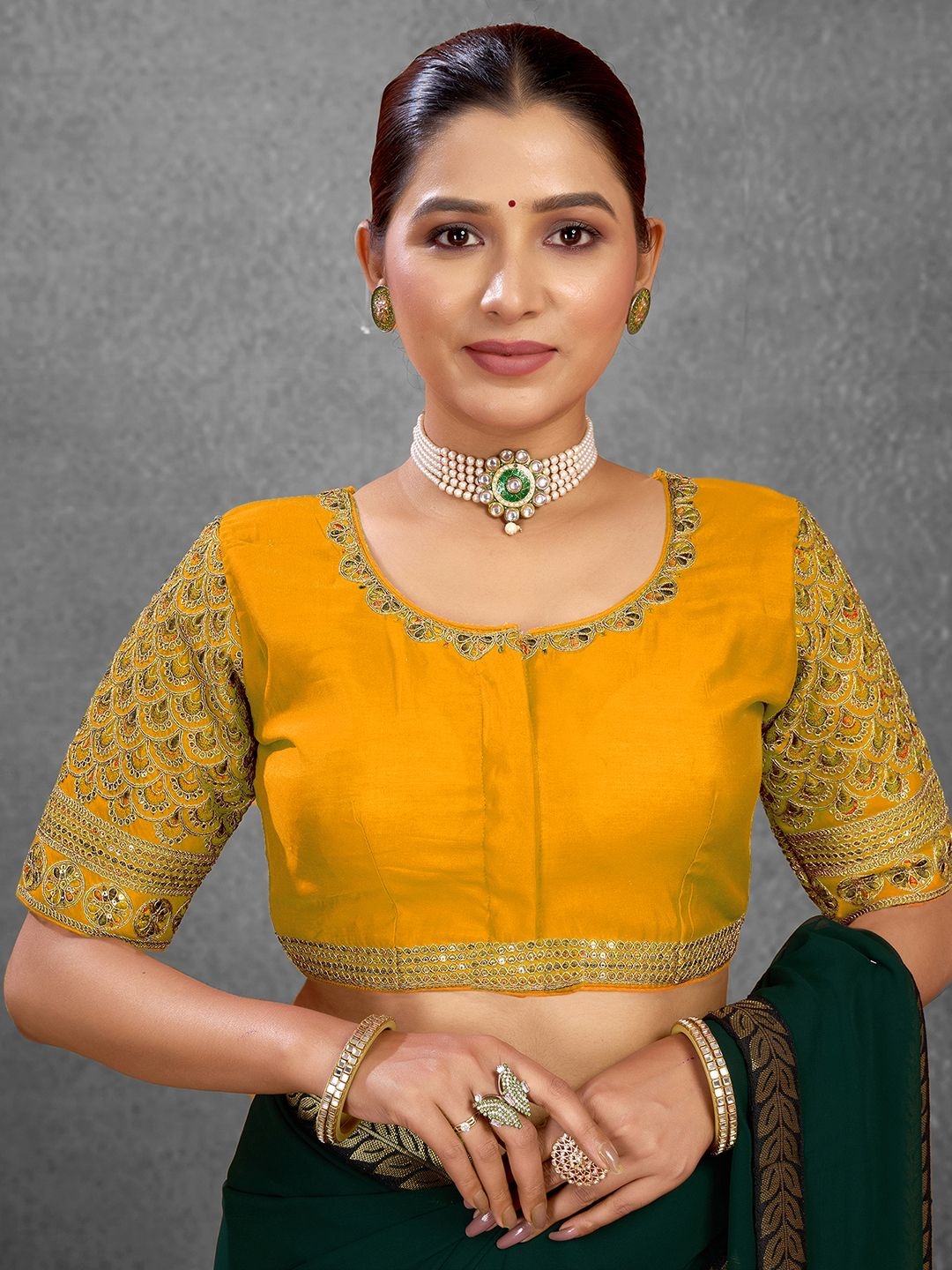 

KALINI Sequinned Embroidered Saree Blouse, Mustard