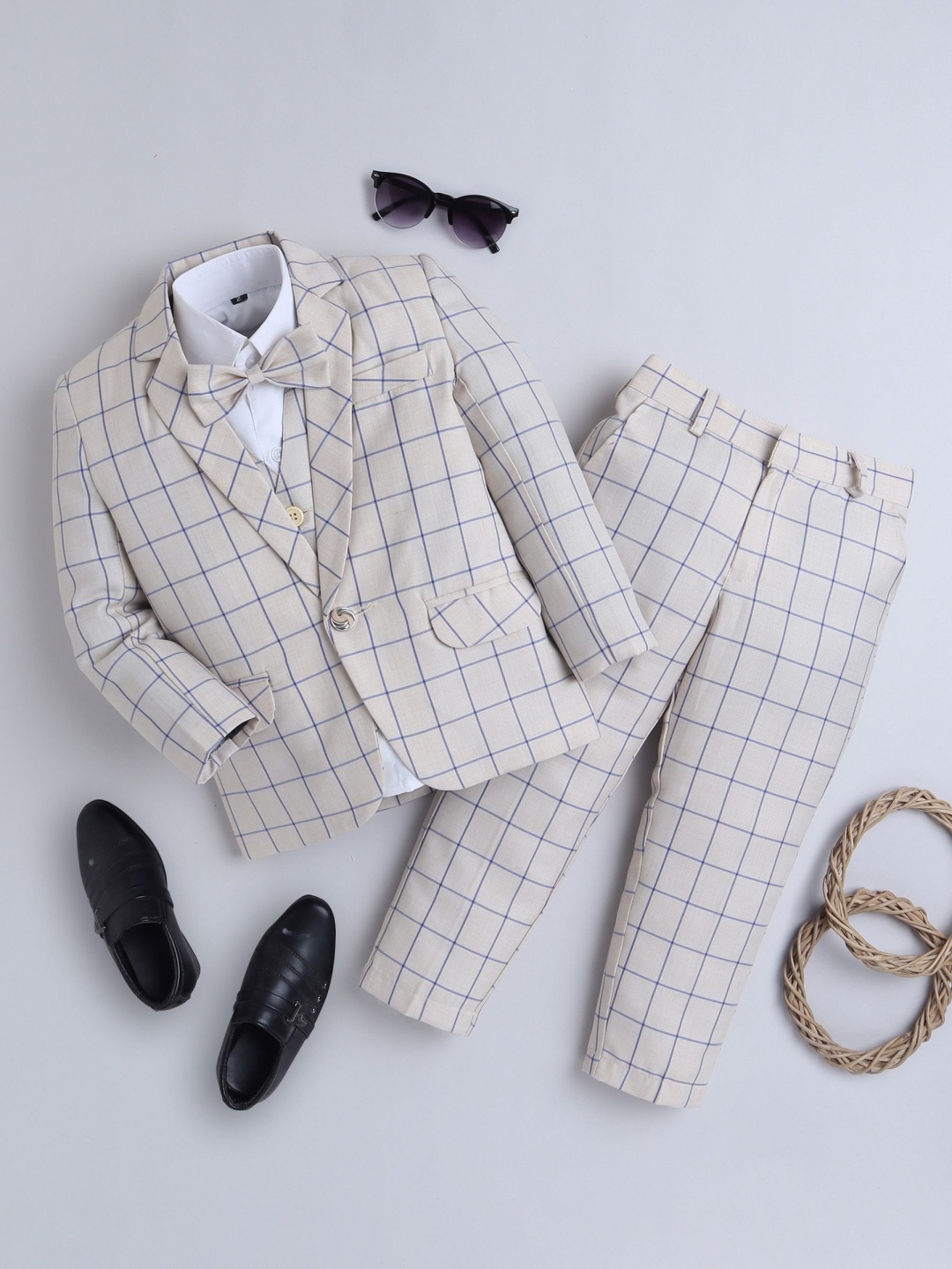 

BAESD Boys 4-Pcs Checked Single Breasted Suit, Beige