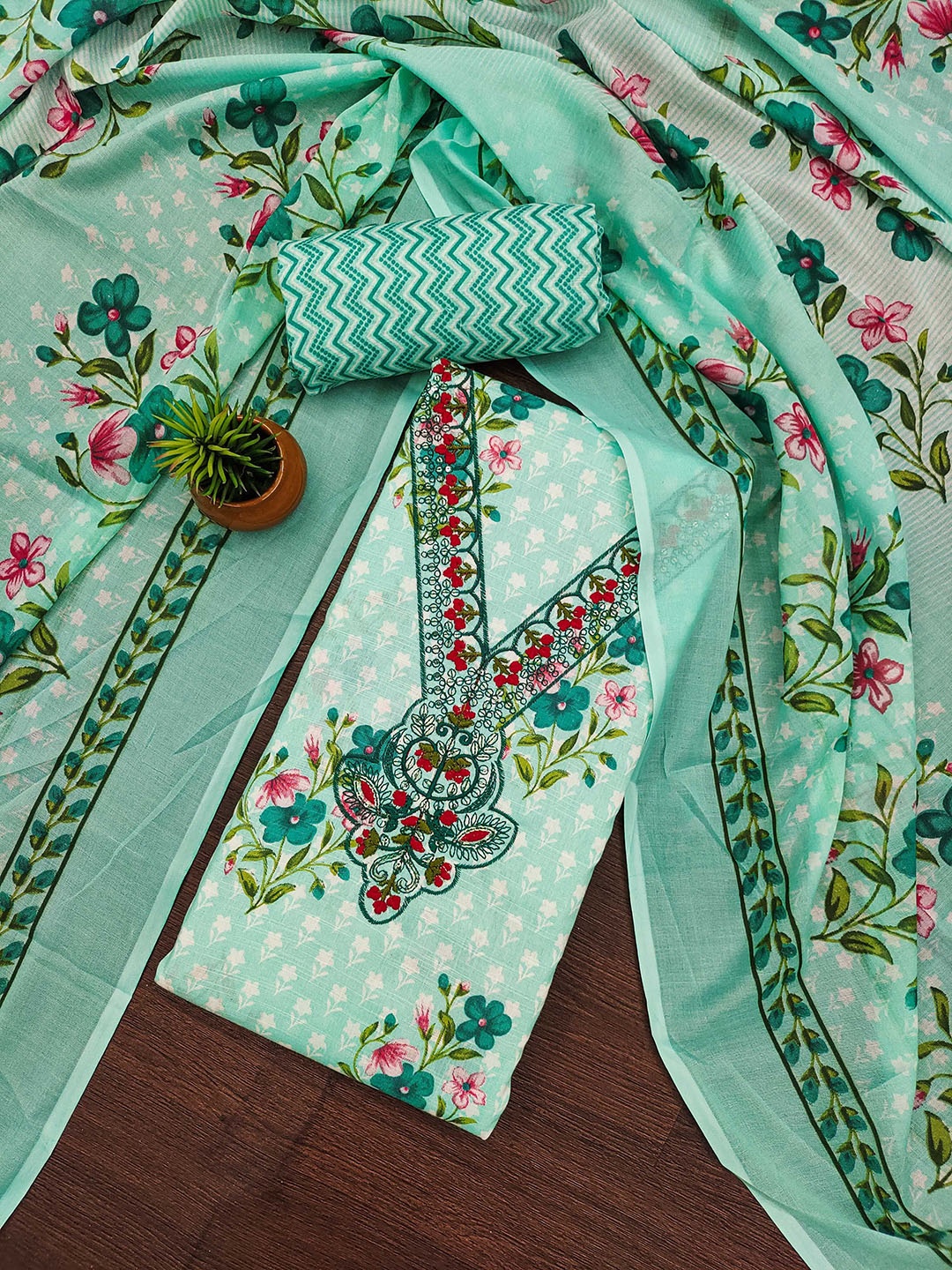 

MANVAA Floral Embroidered Sequinned Cotton Unstitched Dress Material, Sea green