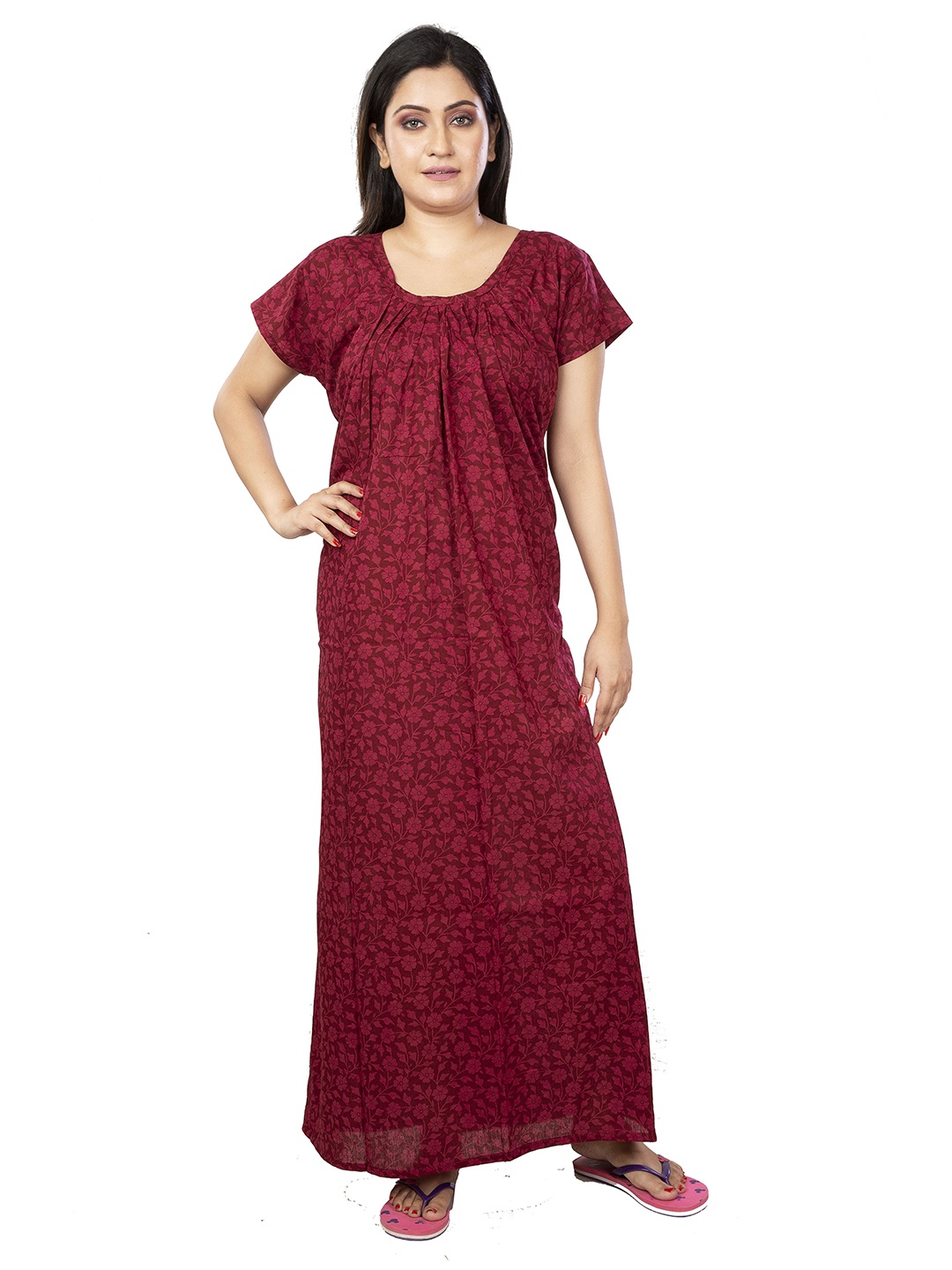 

Laa Calcutta Women Printed Pure Cotton Maxi Nightdress, Maroon