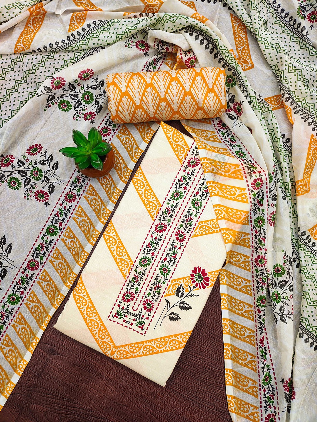 

MANVAA Floral Printed Beads and Stones Cotton Unstitched Dress Material, Yellow